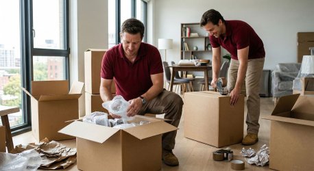 Mitarbeiter verpacken das Umzugsgut